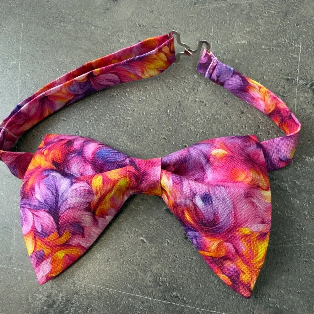Abstract Floral Bow‎ Tie and Pocket Square Set Purple Pink Orange Formal